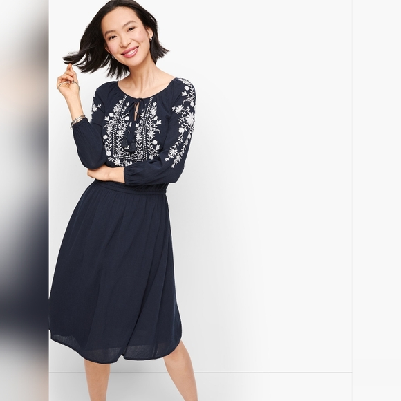 Talbots Dresses & Skirts - Talbots Dark Blue Dress with White Floral Embroidery Size Sp Made INDIA